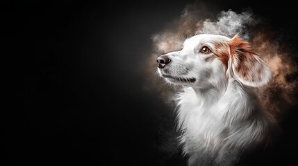 Wall Mural -  A dog's face in tight focus with smoking ears against a backdrop of black