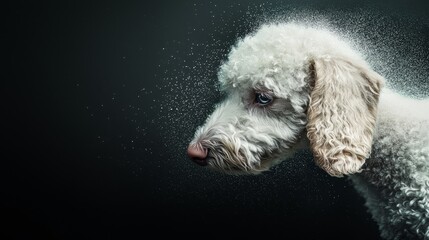 Wall Mural -  A tight shot of a dog's face against a backdrop of black, with bubbles emerging from its fur