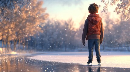 Poster - A child ice skating on a frozen lake surrounded by snow-covered trees in a serene winter scene.