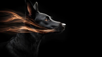 Wall Mural -  A dog's face in sharp focus against a black backdrop, overlaid with a softly blurred silhouette of its head