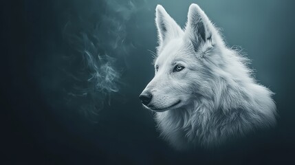 Wall Mural -  Close-up of a dog's face with smoke emerging from its muzzle against a black backdrop