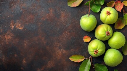 A flat lay of green apples with leaves on a textured surface.