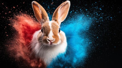 Wall Mural -  A brown-and-white rabbit sits before a backdrop of contrasting blue and red clouds of colored powder against a black background