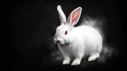 Wall Mural -  A white rabbit with red eyes stands against a black backdrop Dust emanates from its ears