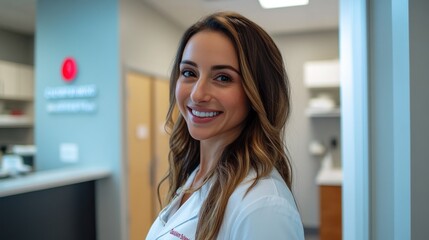 Wall Mural - Smiling healthcare professional in a modern clinic setting.