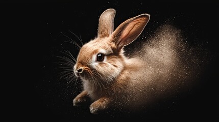 Wall Mural -  A tight shot of a rabbit against a black backdrop, displaying dust emanating from its ears