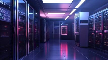 A futuristic data center with glowing lights and server racks.