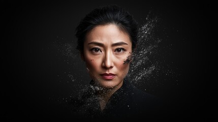 Wall Mural -  A woman's face with a spray of water arcing from above, against a black backdrop