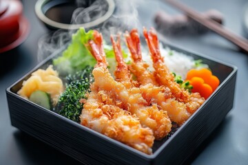 a steaming hot hoka-hoka bento box filled with ebi furai, crispy fried shrimp coated in a light batter, served with a side of steamed vegetables and a drizzle of savory sauce