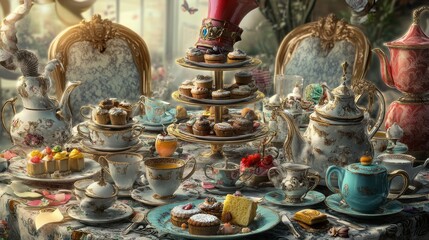 Mad Hatterâ€™s Table Set for Tea: A detailed banner background of Mad Hatter Day with mismatched cups, saucers, and tea cakes, 