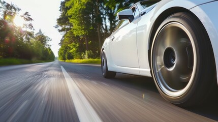 Speeding white car on a forest road with motion blur. Fast driving and automotive concept for design and print.