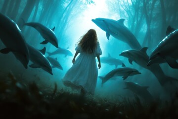 a woman in a white dress surrounded by dolphins