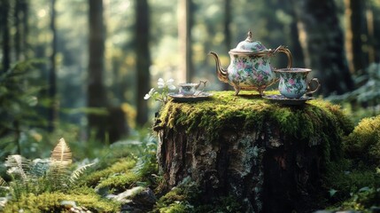 Mad Hatter's Tea Set in a Forest: A nature-inspired banner background of Mad Hatter Day , showing an ornate tea set sitting on a moss-covered tree stump,