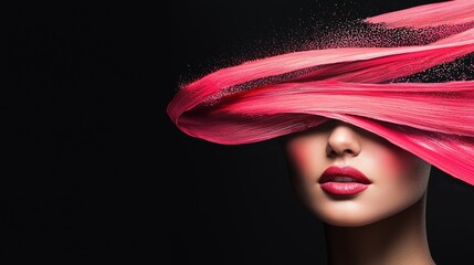 Wall Mural -  Woman with pink hair and streaks, faced painted pink, hair waving against black backdrop