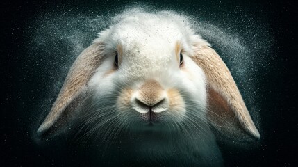  A tight shot of a rabbit's expressive face as water splashes on it, reaching its twitching ears