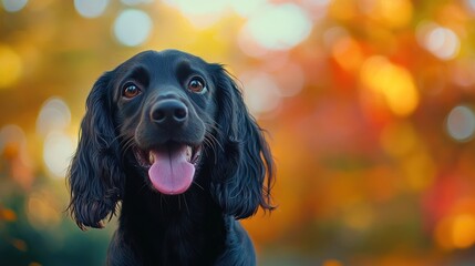 Sticker - A cheerful black dog with a happy expression against a colorful autumn background.