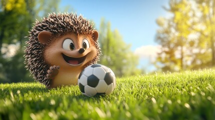 Wall Mural - A cheerful cartoon hedgehog playing with a soccer ball in a sunny, grassy field.