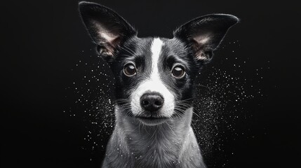 Wall Mural -  A tight shot of a wet dog's face against a black backdrop, studded with water droplets