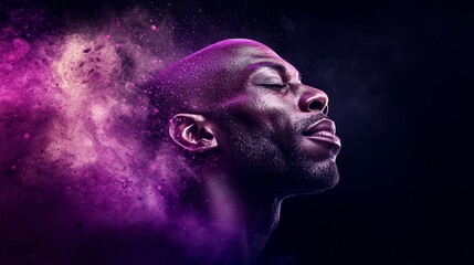 Wall Mural -  A man with closed eyes against a purple and black backdrop, emitting smoke from his eyes