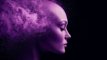 Wall Mural -  A women's close-up headshot against black backdrop, featuring purple smoke emanating from the crown