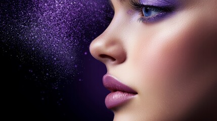 Wall Mural -  A tight shot of a woman's face adorned with purple eyeshadow and specks of glitter on her skin