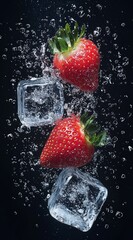 Canvas Print -  Two strawberries drop into ice cubes against a black backdrop Water splashes above and below, creating ripples