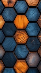 Wall Mural -  A tight shot of a wooden surface showcases a hexagonal tile design in varying shades of blue and brown