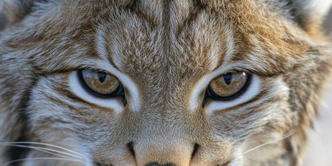 Wall Mural - A highly detailed macro shot capturing the lynx piercing gaze, highlighting the intricate textures of the fur and sharp contrast in the amber eyes. 