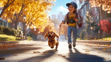 A boy joyfully walks his dog along a tree-lined street in autumn.