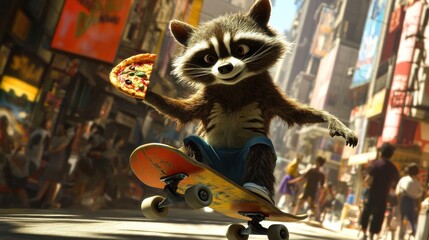 Sticker - A raccoon skateboarding in a bustling city, holding a slice of pizza.