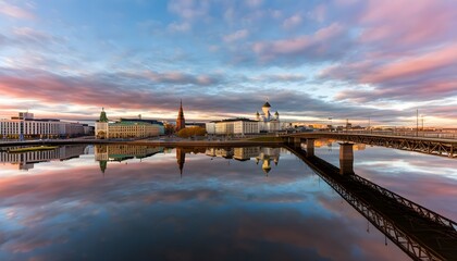 Wall Mural - Nighttime cityscape of downtown Helsinki illuminated under a starry sky