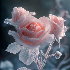 Wall Mural - A close up of a rose with frost on it. Frozen ice flowers.