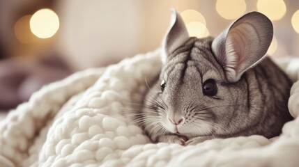 Wall Mural - A cute gray rabbit resting on a cozy blanket with soft, blurred lights in the background.