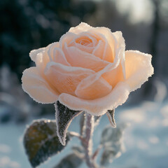 Sticker - A frosted rose is the main focus of the image, with its delicate petals