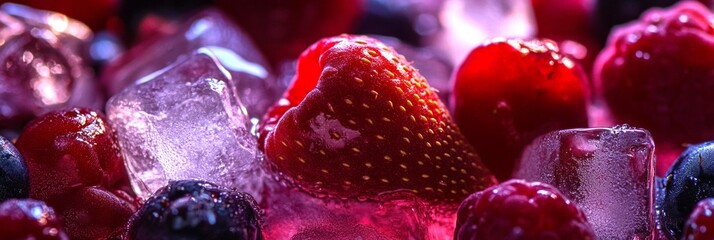 Canvas Print - Bright and colorful assortment of fresh berries with ice. Perfect for food photography or marketing. Explore refreshing tastes and vibrant styles in fruit presentation. AI