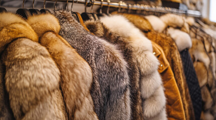 close-up of various fur coats hanging on a rack, showcasing different textures, colors, and patterns