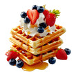 © Shimul - Delicious belgian waffles with strawberries and caramel syrup on transparent background, top view