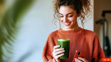 Happy woman enjoying a green smoothie while using her phone.