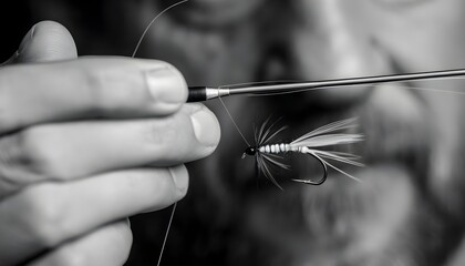 Detailed view of an angler meticulously crafting a handmade fly for fishing