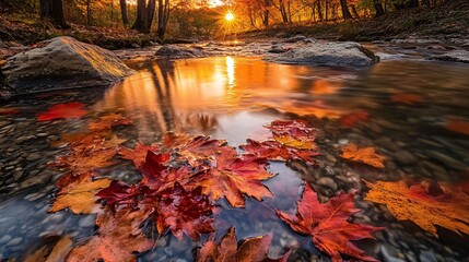 Wall Mural - Autumn leaves float on a clear stream, the golden sun reflecting on the water, creating a magical scene.