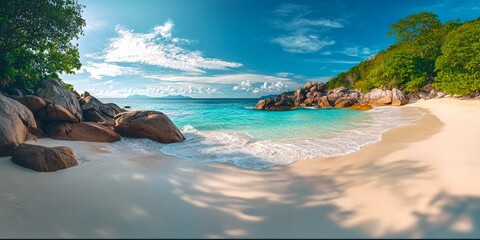 Wall Mural - Explore the beauty of a tropical beach with soft golden sand and crystal clear waters. Lush greenery and rocky formations enhance the scenery. Perfect for relaxation and vacation. AI