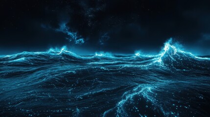 Wall Mural - Bioluminescent ocean waves glowing under the night sky