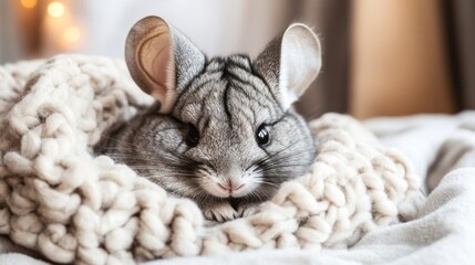 Wall Mural - A cute chinchilla nestled in a cozy blanket, exuding warmth and comfort.