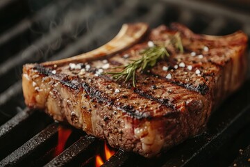 Juicy grilled t-bone steak with rosemary resting on grill pan