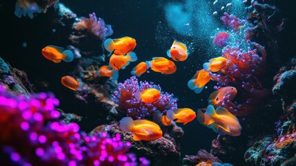 Bioluminescent sea life glowing in vibrant colors under the ocean