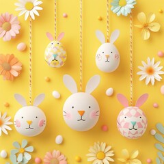 A playful Easter scene featuring a bunny surrounded by colorful eggs, flowers, and spring decorations in a joyful, cartoon-style illustration