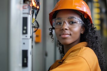 Poster - Female technician working on industrial machine in factory