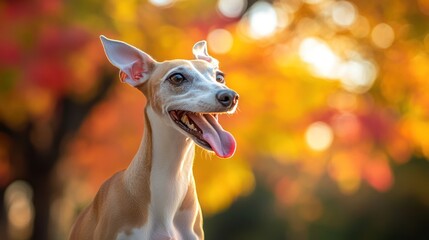 Canvas Print - A joyful dog with a vibrant autumn background.