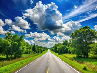 A serene and empty white road stretches into the distance, lined with lush green trees and fluffy white clouds against a bright blue sky.