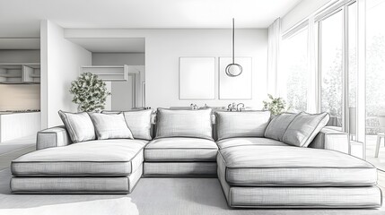 Cozy and inviting modern living room with a large comfortable sectional sofa and minimalist stylish decor  The bright textiles and clean lines evoke a sense of tranquility